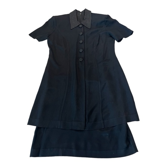 Vintage 80’s Black Pointed Collar Black White Polka Dot Collar Jacket Dress Med - Picture 5 of 15